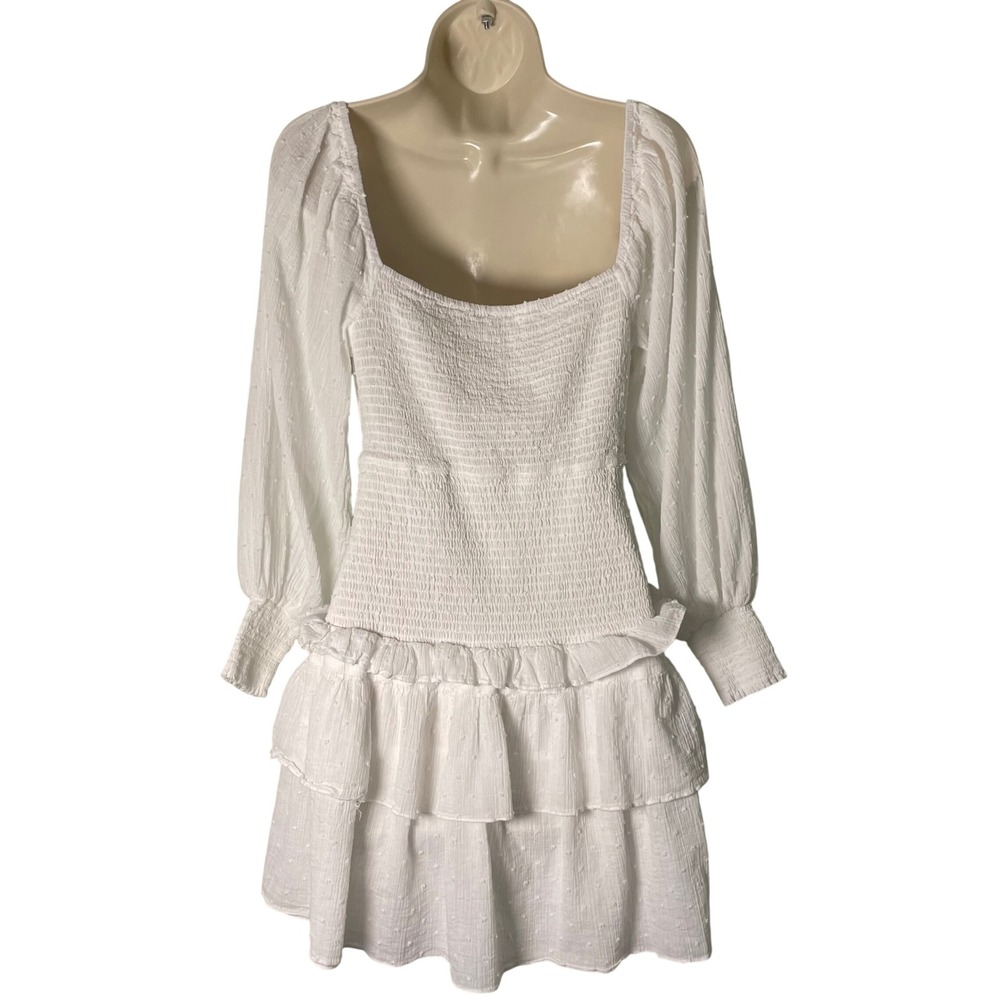 ASTR The Label Marietta Dress Size L White Swiss Dot Smocked Tiered Ruffle Mini - Picture 3 of 9